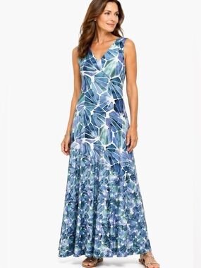 Soft Surroundings Blue Abstract Print V-Neck Maxi Coastal Vibe  Dress Size S